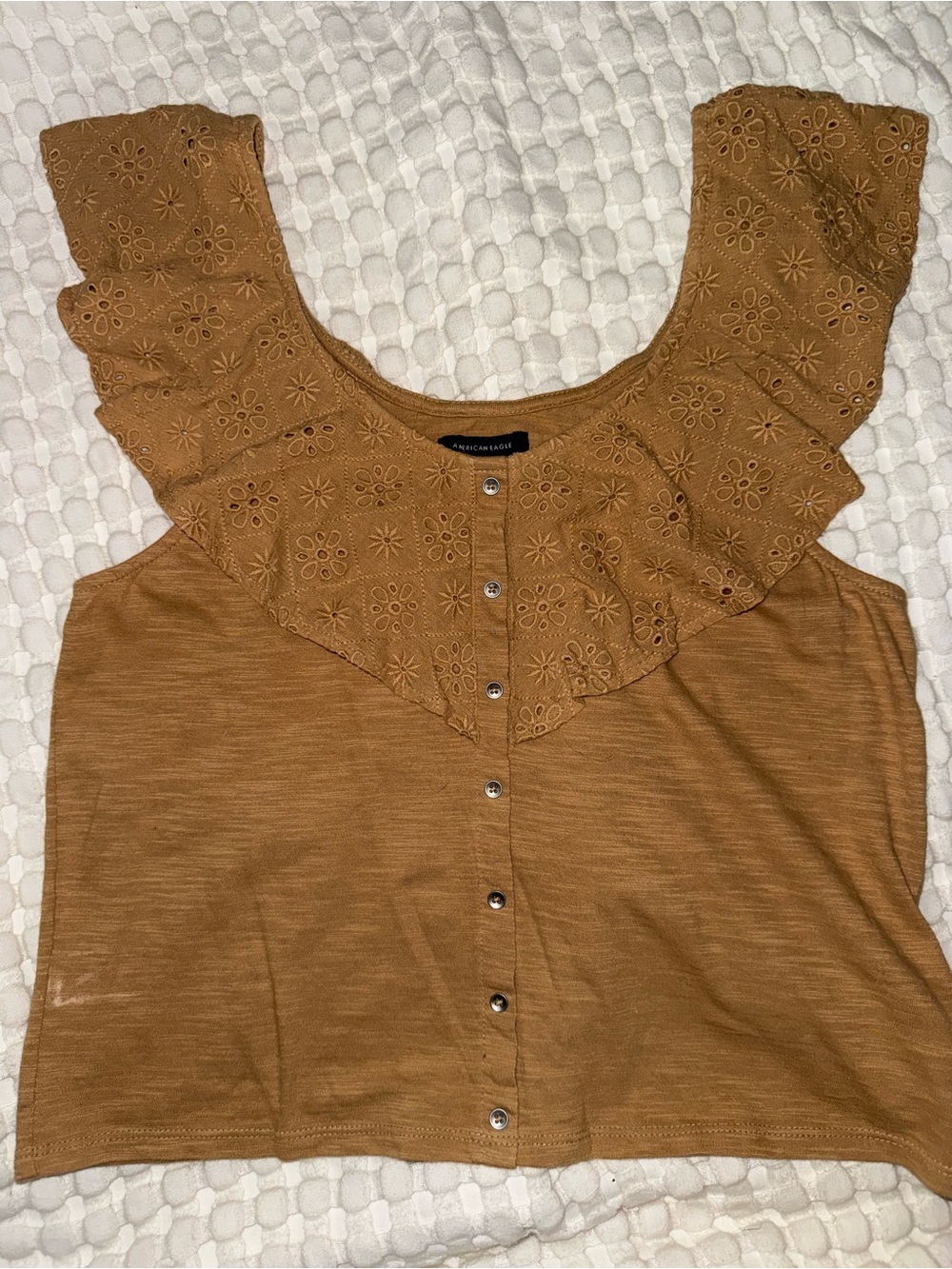 American Eagle Outfitters Mustard Eyelet Ruffle Front-Snap Crop Top
